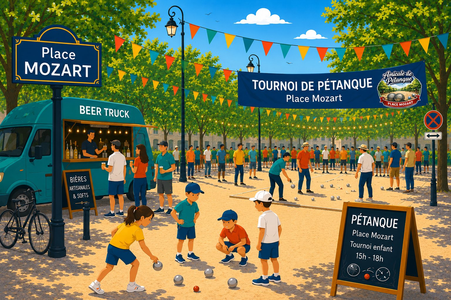 Illustration de la fête de la place Mozart : pétanque, guinguette et soleil d'été